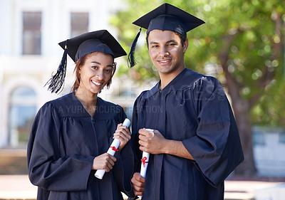 Buy stock photo Graduation portrait, man and woman with certificate at university campus with smile, scholarship and education. School, success and happy students with diploma for academic achievement at college.