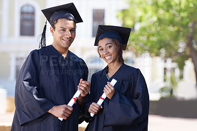 Buy stock photo Graduation, portrait and students with certificate, smile and opportunity at university campus. School, man and happy woman with scholarship diploma for academic achievement with college education.