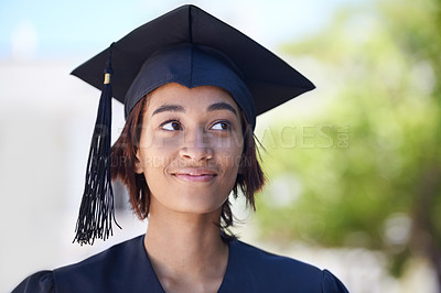 Buy stock photo Graduation, woman and thinking outdoor of education, future goals and pride to celebrate college event. Happy university graduate dream in park of award, certified achievement or scholarship success 