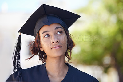Buy stock photo University graduation, woman and thinking outdoor of education, future goals and studying for opportunity. College graduate dream in park of award, certified achievement or scholarship for knowledge 