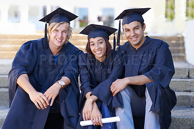 Buy stock photo Graduation, portrait and students on steps with diploma at university campus with smile, diversity and education. School, success and happy group of friends with certificate for academic achievement.