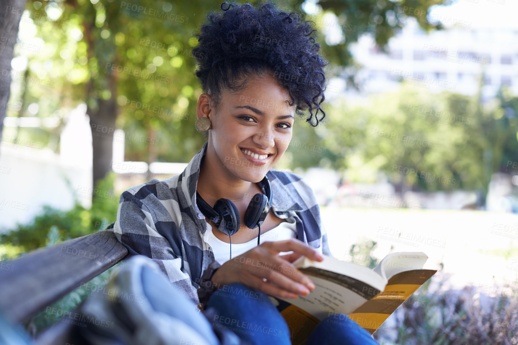 Buy stock photo Woman, student and portrait for book reading on university bench for study, education or learning. Female person, face and smile at college campus or outdoor for knowledge, scholarship or research