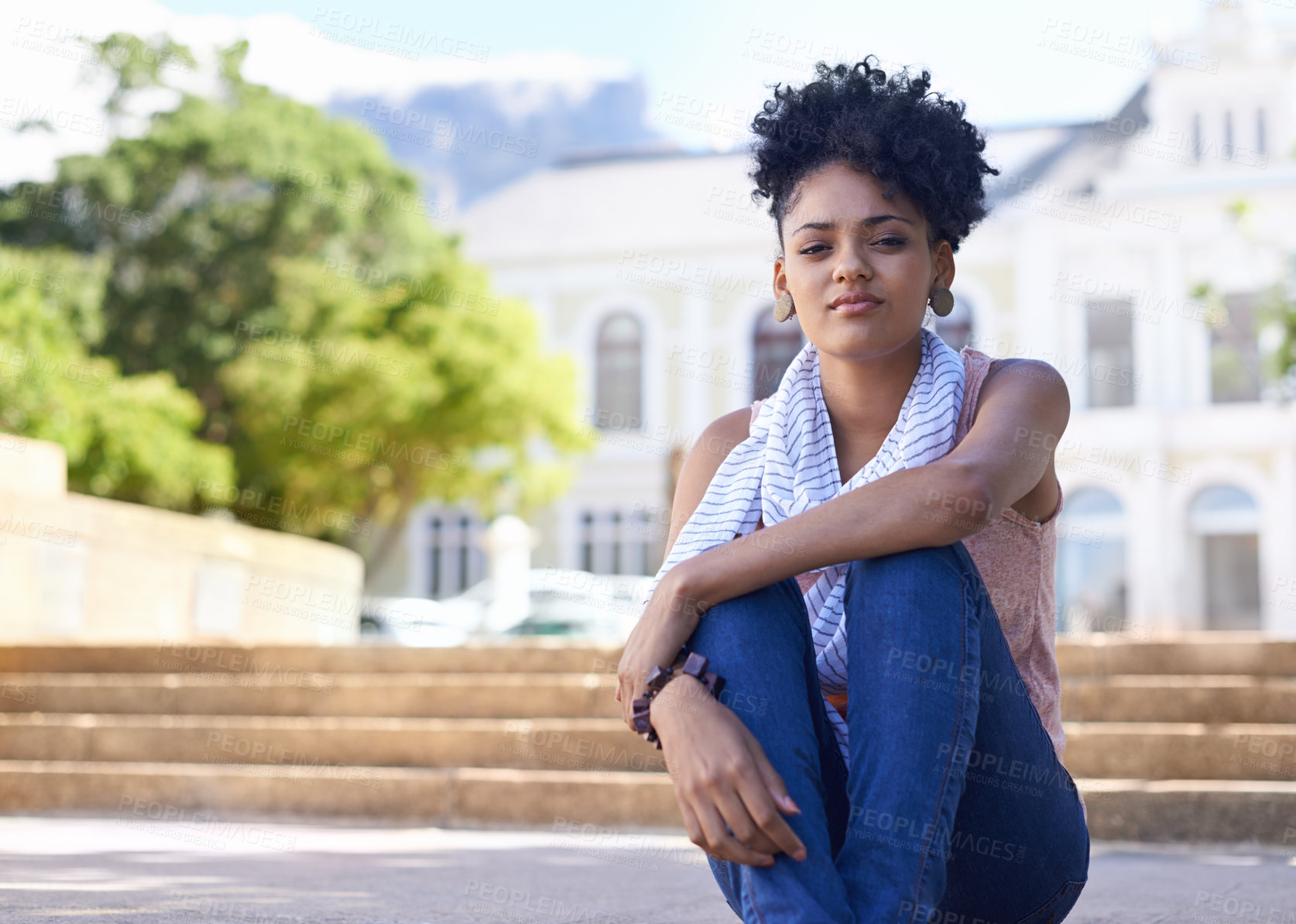 Buy stock photo Woman, portrait and student on university campus steps for education learning, future or scholarship. Female person, face and outdoor park at college building for degree knowledge, diploma or class