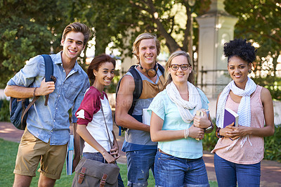 Buy stock photo Portrait, group and college friends at park for studying, happy education and learning together. Diversity, gen z and university students at campus outdoor for knowledge, scholarship and community 