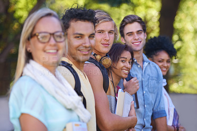 Buy stock photo College, diversity and portrait in the park with students on campus to study together with happiness. University, academy and people with support in education or friends smile in garden after class