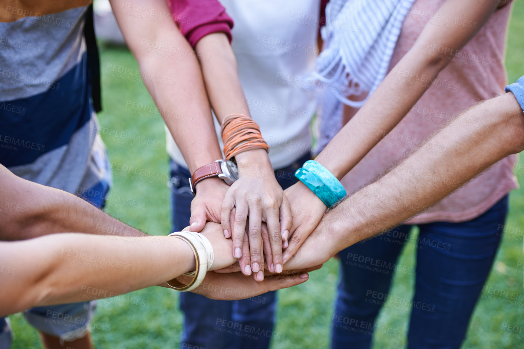 Buy stock photo People, teamwork and hands together of friends outdoor for support, solidarity or mission of success, synergy or winning. Closeup, community group or collaboration at park for trust, kindness or help