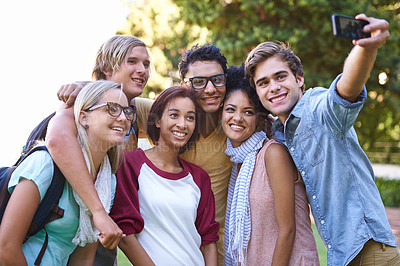 Buy stock photo College, diversity and selfie in the park with friends on campus together and students with happiness. University, academy and people with support and community in education or bonding after class