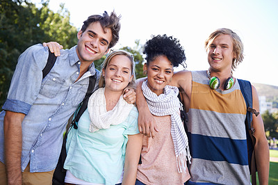 Buy stock photo Portrait, smile and college friends at park for education, studying and bond for learning together. Diversity, gen z and university students at campus outdoor for knowledge, scholarship and community