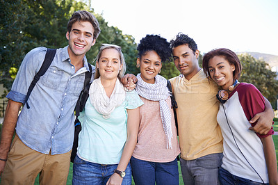 Buy stock photo Hug, portrait or students in park at college, campus or  together with community, smile or group. University, diversity or happy people bond with support, joy or solidarity in education in garden