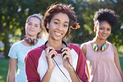 Buy stock photo College, students and portrait in the park with headphones on campus to study together with happiness and friends. University, academy and people with diversity or solidarity in education mission