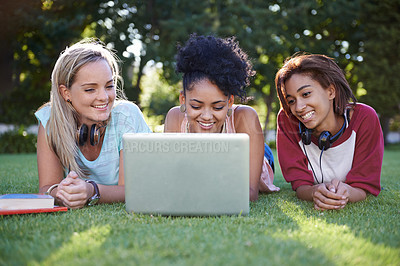 Buy stock photo Grass, laptop or friends in park at college, campus or  together with online course, smile or group. University, relax or happy students bond with support, teamwork or diversity in education on field