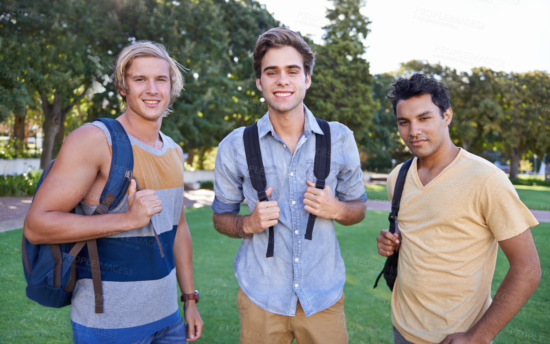 Buy stock photo Men, portrait or friends in park at college, campus or  together with happiness, smile or group. University, academy or students bond with support, joy or solidarity in education in garden together