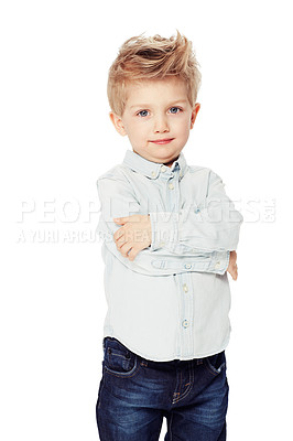 Buy stock photo Happy, boy and arms crossed in portrait in studio with white background with shirt for youth. Young, kid and face with smile for happiness in stylish clothes for confident child with motivation.