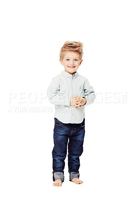 Buy stock photo Happy, fashion and portrait of a child in jeans isolated on a white background in a studio. Smile, cute and a young boy kid with happiness for stylish and fashionable clothes as a toddler model