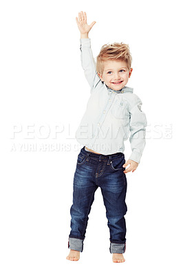 Buy stock photo Children, raised hand and a cute little boy in studio isolated on a white background with a carefree smile. Wow, winner and kids with a young adorable male child raising his arm to ask a question