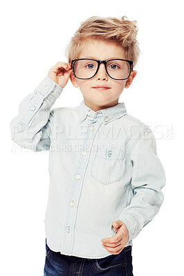 Buy stock photo Nerd or geek, portrait of young child with glasses and in white background. Intelligent or smart, serious and isolated child adjusting his spectacles as a confident student in a studio backdrop 
