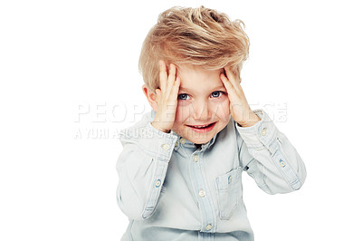 Buy stock photo Portrait, child and peeking from hands in studio isolated on a white background mockup space. Smile, peekaboo and boy kid playing game, happiness and having fun while enjoying quality time alone.