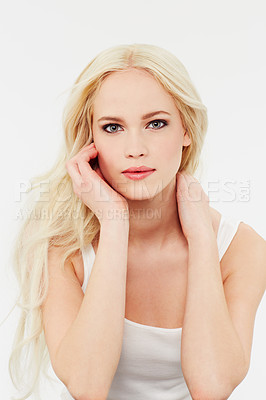 Buy stock photo Beauty, cosmetics and portrait of woman with makeup in white background of studio. Blonde, model and face with facial glow from skincare, dermatology or hair care from salon or spa mock up space