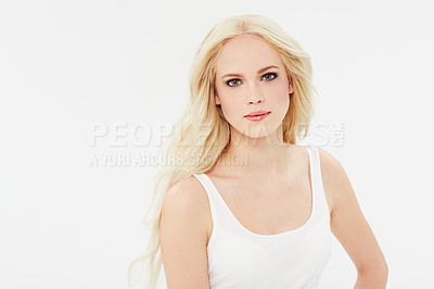 Buy stock photo Beauty, cosmetics and woman in portrait with makeup in mock up, space and white background. Studio, model and blonde hair care in spa, salon or skincare dermatology with healthy glow from facial