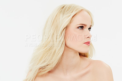 Buy stock photo Beauty, cosmetics and woman with makeup thinking of dermatology or skincare in white background. Studio, model and person with decision for hair care or healthy glow from facial in backdrop space