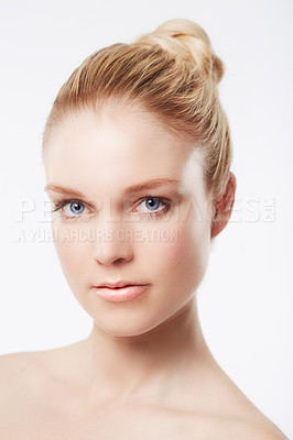 Buy stock photo Portrait of woman, serious face or skincare for wellness with cosmetics, aesthetic or healthy glow. Facial dermatology, studio or confident model with pride or beauty results on white background 