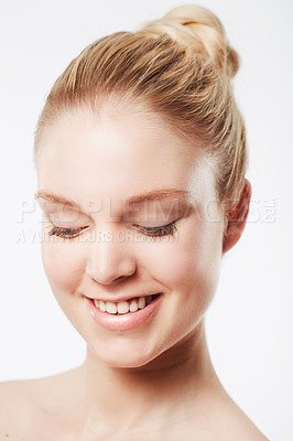 Buy stock photo Portrait of happy woman, face or skincare for wellness with cosmetics, aesthetic or healthy glow. Dermatology, studio or confident female model with pride, smile or beauty results on white background