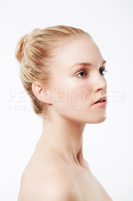 Buy stock photo Portrait of woman, thinking or skincare for wellness with cosmetics, aesthetic or healthy glow. Facial dermatology, studio or confident model with pride, ideas or beauty results on white background 