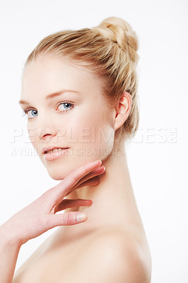 Buy stock photo Portrait of model, touching face or skincare for wellness with cosmetics, aesthetic or healthy glow. Facial dermatology, studio or confident woman with pride or beauty results on white background 