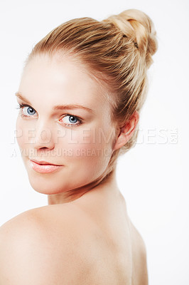 Buy stock photo Portrait of woman, model or skincare for wellness with cosmetics, aesthetic or healthy glow. Facial dermatology, studio or confident person with pride, ideas or beauty results on white background 