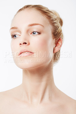 Buy stock photo Woman thinking of beauty or skincare for wellness with cosmetics, aesthetic or healthy glow. Facial dermatology, studio or confident female model with pride, ideas or results on white background