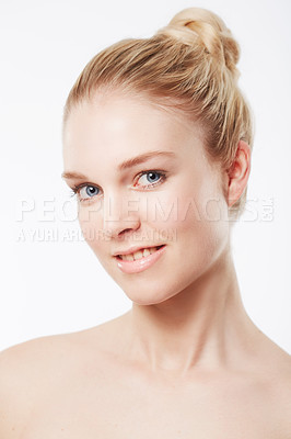 Buy stock photo Portrait of happy model, smile or skincare for wellness with cosmetics, aesthetic or healthy glow. Dermatology, studio or confident woman with pride, smile or beauty results on white background 