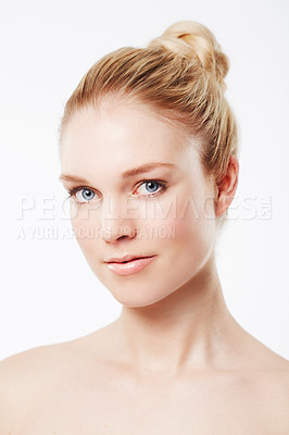 Buy stock photo Portrait of model, natural or skincare for wellness with cosmetics, aesthetic or healthy glow. Dermatology, studio or confident female person with pride, shine or beauty results on white background