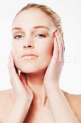 Buy stock photo Portrait of person, touching face or beauty for wellness with cosmetics, aesthetic or healthy glow. Facial dermatology, studio or confident woman with pride or skincare results on white background 