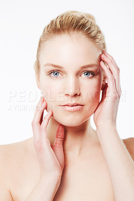 Buy stock photo Portrait of woman, touching face or beauty for wellness with cosmetics, aesthetic or healthy glow. Facial dermatology, studio or confident model with pride or skincare results on white background 