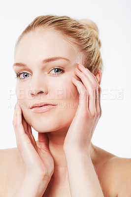 Buy stock photo Portrait of woman, touching face or natural skincare for wellness with smooth aesthetic or healthy glow. Facial dermatology, studio or confident model with pride or beauty results on white background