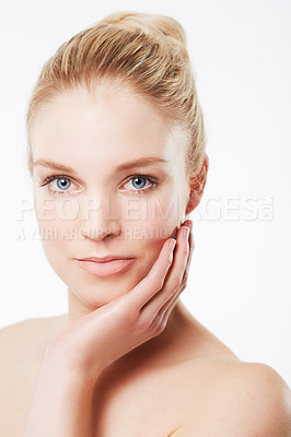 Buy stock photo Portrait of model, touching face or natural skincare for wellness with smooth aesthetic or healthy glow. Facial dermatology, studio or confident woman with pride or beauty results on white background