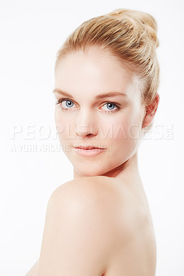 Buy stock photo Portrait of a beautiful woman looking over her shoulder