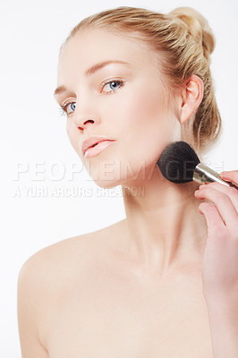 Buy stock photo Makeup brush, portrait or model with skincare in studio for beauty or wellness on white background. Makeover, glamour or woman isolated with foundation powder, cosmetics or product for application 