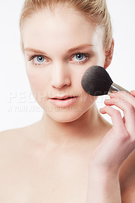 Buy stock photo Makeup brush, portrait or model with cosmetics in studio for beauty or wellness on white background. Makeover, glamour or woman isolated with foundation powder, skincare or product for application 