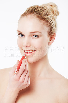 Buy stock photo Portrait, woman or red lipstick for makeup, skincare or beauty cosmetics in studio or white background. Transformation, face or model with liner product for retouch, makeover or application on mouth