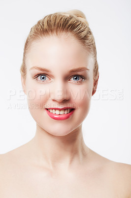Buy stock photo Portrait, beauty and woman in studio with cosmetics, make up and happy for wellness by white background. Female model, smile and glow face in red lipstick and blonde hair for confidence in foundation