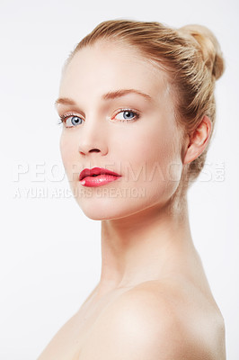 Buy stock photo Portrait, beauty and model in studio with red lipstick, cosmetics and shine by white background. Woman, confident and spa aesthetic in glow face in make up and blonde hair for skincare for wellness