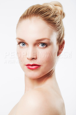 Buy stock photo Portrait, confidence and model in studio with red lipstick, cosmetics and beauty by white background. Woman, pride or aesthetic for glow face in make up or blonde hair on skincare for body positivity