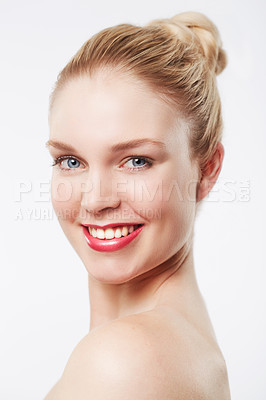 Buy stock photo Portrait, beauty and woman in studio with makeup, cosmetics and happy by white background. Female model, smile and skincare in glow face with red lipstick and blonde hair for confidence in foundation