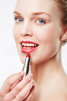 Buy stock photo Portrait, application and model in studio with red lipstick, beauty cosmetics and mock up by white background. Woman, foundation and aesthetic for glow face with color product and soft lips results