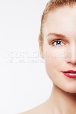 Buy stock photo Face crop, beauty and woman with red lipstick in studio, cosmetics and skincare on white background. Lips, color with eye and dermatology for makeup glow, microblading and lashes with mockup space