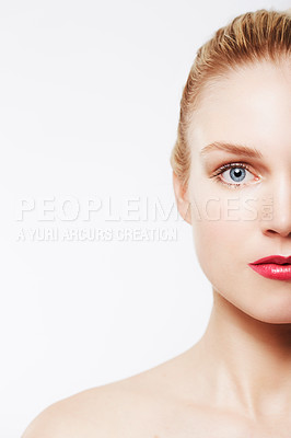 Buy stock photo Portrait, beauty and woman in red lipstick, makeup and cosmetics in studio isolated on a white background. Face, model and skincare in spa facial treatment for wellness, healthy glow and mockup space