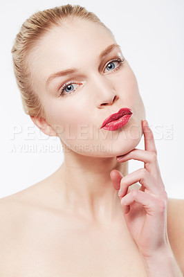 Buy stock photo Portrait, skincare and woman in red lipstick, makeup and cosmetics in studio isolated on a white background. Face, model and beauty in spa facial treatment for wellness, touch skin and healthy glow