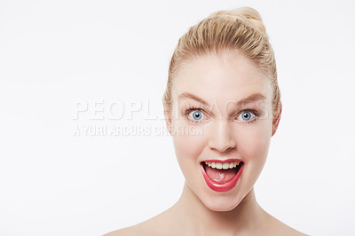 Buy stock photo Portrait, skincare and excited woman in red lipstick, makeup and cosmetics in studio isolated on a white background. Shocked face, beauty model and surprise facial treatment, wow and mockup space