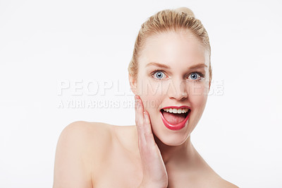 Buy stock photo Portrait of a happy model against a white background